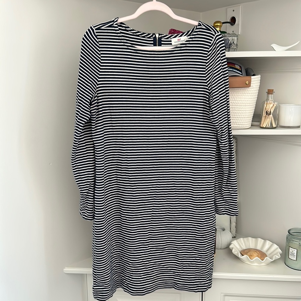 Navy and white striped vineyard, vines, large dress